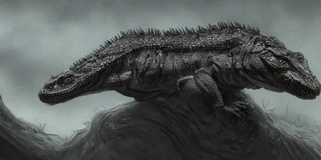 Prompt: a highly detailed matte painting of a new kind of animal inspired by an alligator and an iguana, ominous, foreboding, moody, scary, 8 k hd, concept art, artstation, deviantart, cg society,