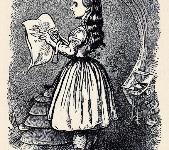 Image similar to Tenniel illustration portrait of Alice, walking in wonderland