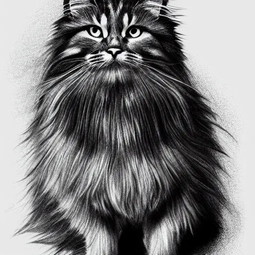 Prompt: long - haired siberian cat, full body, beautiful, illustration, charcoal, trending, artstation, hyper - detailed, coulson, peter