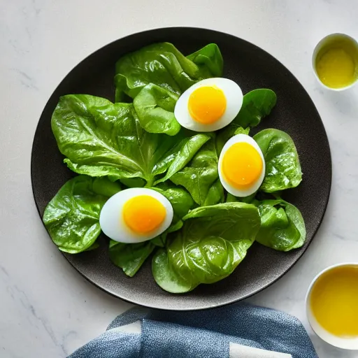 Prompt: egg yolk, lettuce, basil, and olive oil