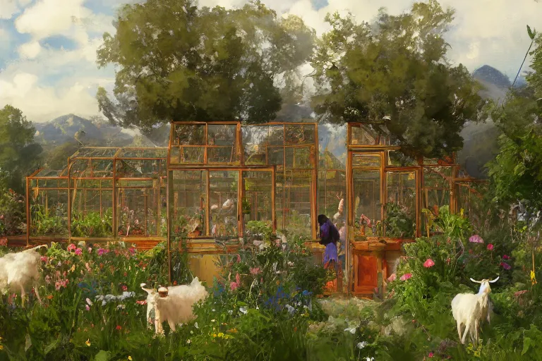 Image similar to weed greenhouse with hundreds of goats in the yard, goat farm, rococo style, greek architecture, green marble building, marijuana trees, multicolored weed leaves, dynamic lighting, landscape, artwork by jeremy lipkin and giuseppe dangelico pino and michael garmash and rob rey and greg manchess and huang guangjian and makoto shinkai, pixiv, 1 0 0 mm