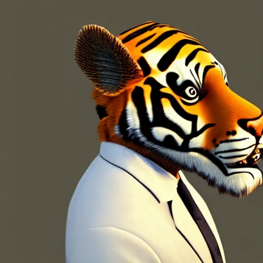 Image similar to a scientist man with a tiger head and a white blouse, ultra detail, full body, ultra realistic, realistic fur, unreal engine 8 k