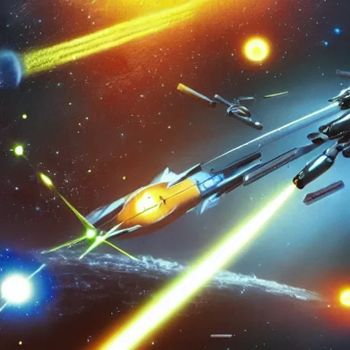 Image similar to science - fiction space battleship in combat, laser beams, explosions, space, planets