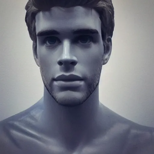 Image similar to “ a realistic detailed photo of a guy who is an attractive humanoid who is half robot and half humanoid, who is a male android, actor liam hemsworth, shiny skin, posing like a statue, blank stare, at the museum, on display ”