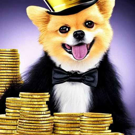 Image similar to A pomeranian wearing a top-hat and a monocle, sitting on top of a large pile of gold coins