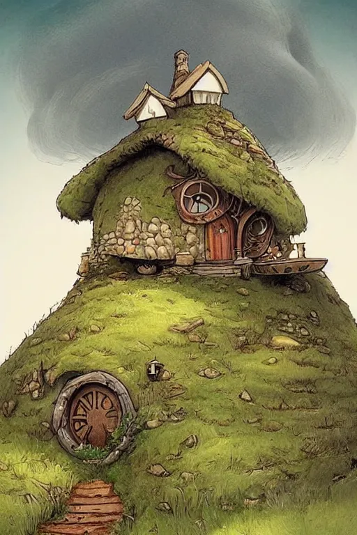 Image similar to beautiful matte painting of a hobbit house under a quaint hill, whimsical by brian kesinger and bridget bate tichenor