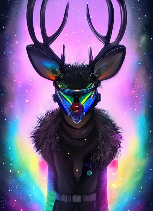 Image similar to award winning beautiful portrait commission of a male furry anthro Black Reindeer cyberpunk fursona with a tail, wings, wings, wings and a cute beautiful attractive detailed furry face wearing stylish black and rainbow galaxy clothes, outline, in a cyberpunk city at night while it rains. Character design by charlie bowater, ross tran, artgerm, and makoto shinkai, detailed, inked, western comic book art