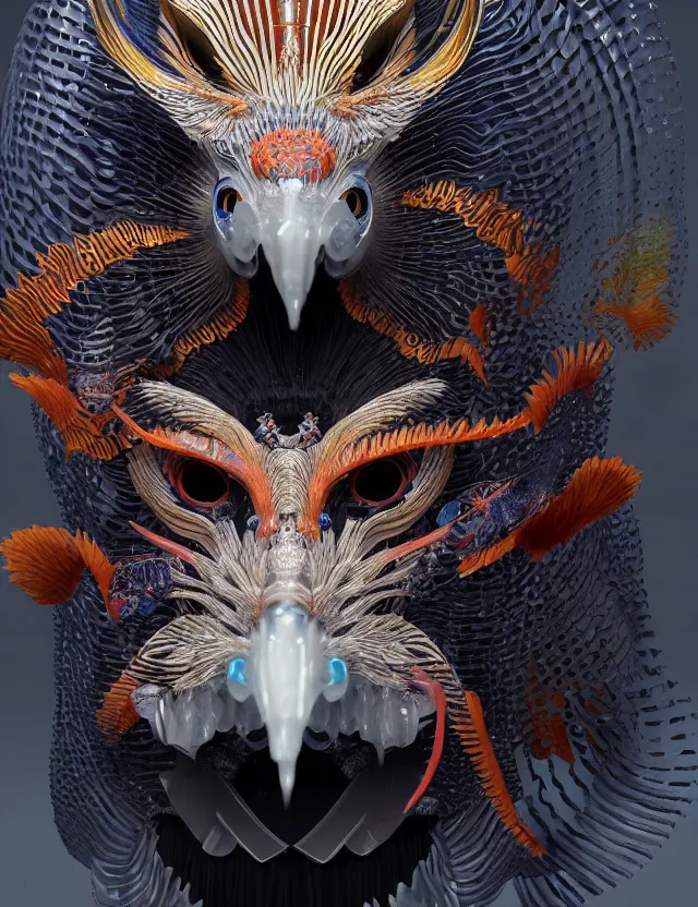 Image similar to 3 d shaman close - up profile portrait. beautiful intricately detailed japanese crow kitsune mask and clasical japanese kimono. betta fish, jellyfish phoenix, bio luminescent, plasma, ice, water, wind, creature, artwork by tooth wu and wlop and beeple and greg rutkowski