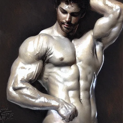 Image similar to Young greek god, muscular, detailed face, thighs, painting by Gaston Bussiere, Craig Mullins