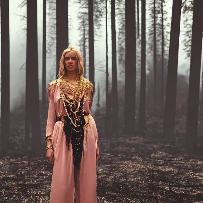 Prompt: a woman wearing rose chains, standing in a burnt charred forest, golden hour, vogue magazine