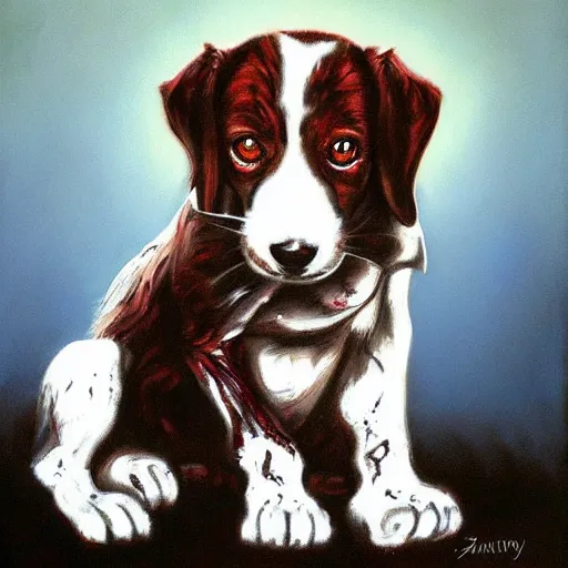 Prompt: a sinister zombie puppy. Painting by James Gurney