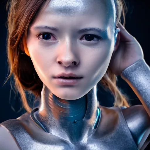 Prompt: Fine art photography portrait of a solarpunk half robot half human girl with real human face, highly detailed, photorealism, cinematic lighting 8k