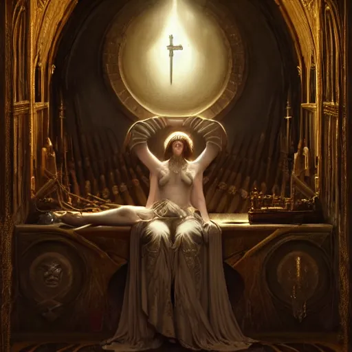 Prompt: the priestess of blasphemous god, studio light, photoreal, by jaime jones, tom bagshaw, lawrence alma - tadema, greg rutkowski, deviantart contest winner, fantasy art, daz 3 d, intricate, elegant, highly detailed, 8 k, digital painting, concept art, sharp focus, illustration, golden ratio, cosmic horror