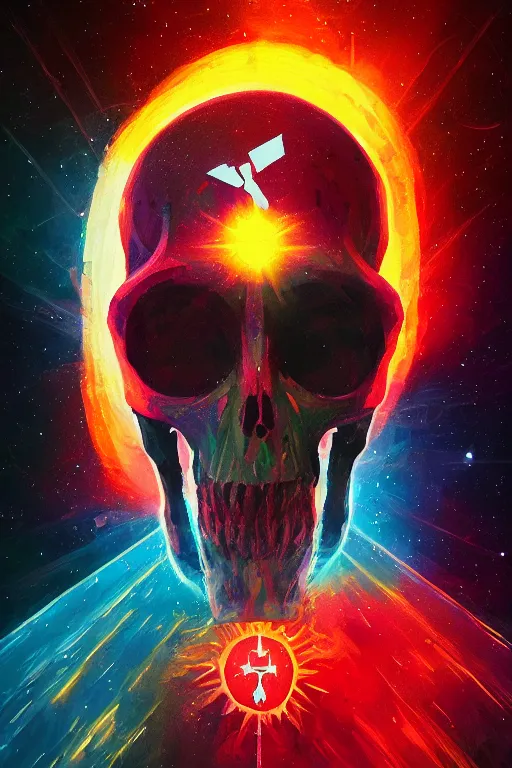 Prompt: portrait of the galactic arch skull bishop, the nova cross holds the power of the sun, by alena aenami, by ross tran, digital art painting