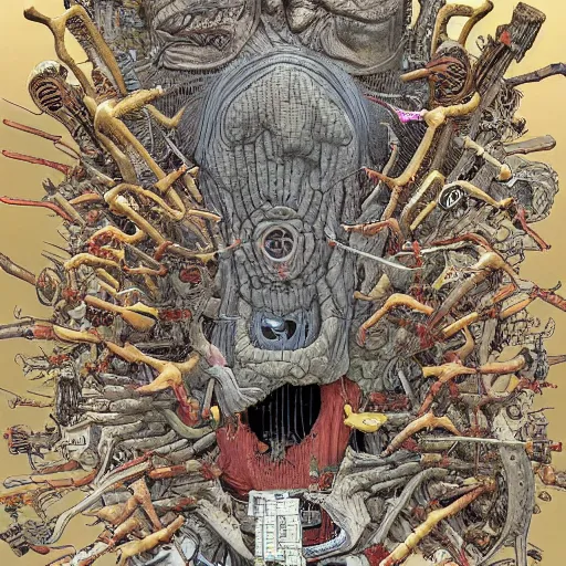 Image similar to an impossible nightmare beyond comprehension, very very detailed painting by geof darrow and greg rutowski and hr giger