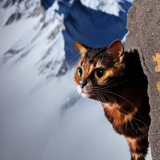 Prompt: a tortoiseshell cat climbing mount everest, nature photography