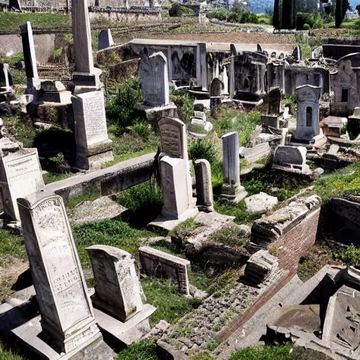 Prompt: Filmed photo of Rome necropolis, with satanic sculls