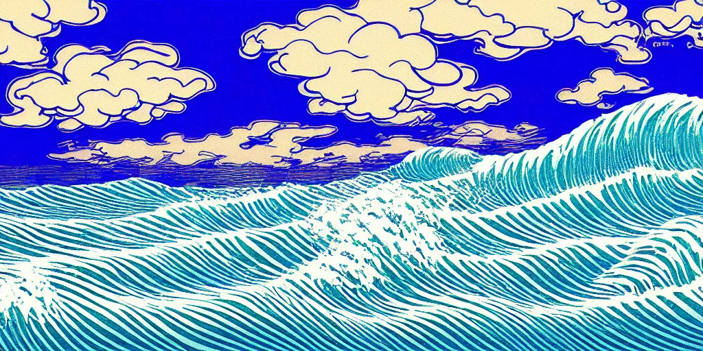 Prompt: clouds and waves, An aesthetically pleasing, dynamic, energetic, lively, complex, intricate, detailed, well-designed digital art of a beach, ripples, waves, sea foam, light and shadow, overlaid with aizome patterns, Shin-hanga by Bob Ross, traditional Japanese colors, superior quality, masterpiece, featured, trending, award winning, HDR, 8K