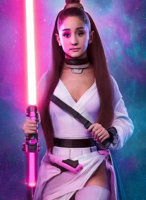 Image similar to An extremely detailed photo of Ariana Grande in the Star Wars universe with two pink lightsabers held in each hand. Maximum detail on artstation, photo realism, vivd details, vivd colour, volumetric lighting. anime art style