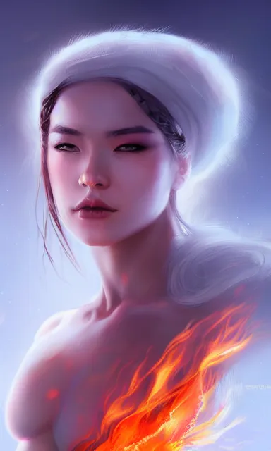 Prompt: god of fire, beautiful female, white skin, portrait, sharp focus, digital art, concept art, dynamic lighting, by emylie boivin and rossdraws