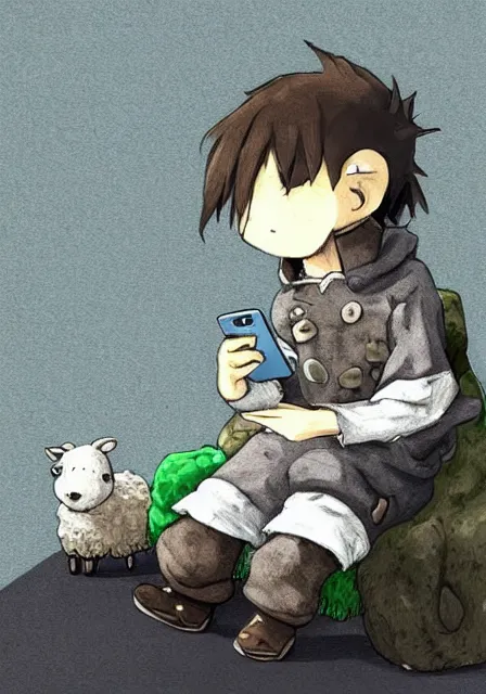 Image similar to beautiful little boy wearing sheep suit using a smartphone while sitting on chair, gray, blue, green and brown pallet color. made in abyss art style, inspired in kris from deltarrune, cute detailed artwork, anatomically correct, soft details,, reflection