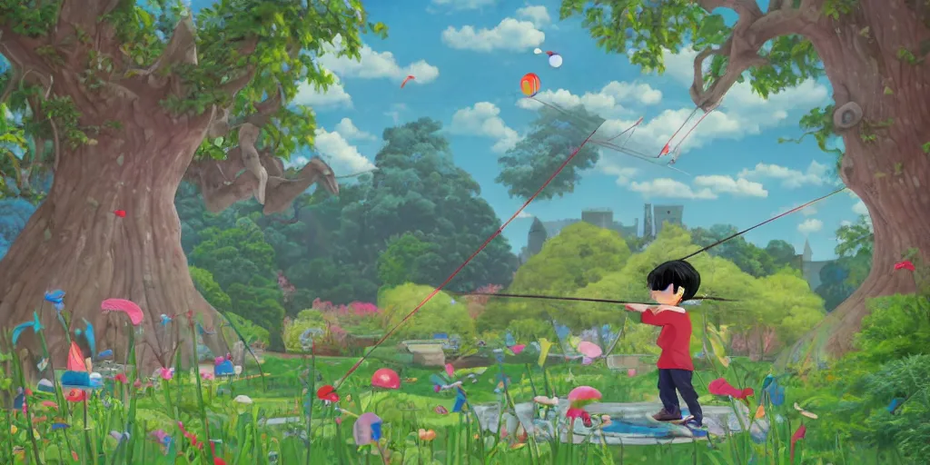 Image similar to a young boy practicing archery in the backyard of a castle, illustration, digital art, flat painting, vivid colors, flat colors, cinematic, surreal, wide angle, made by chiho aoshima, inspired by studio ghibli, trending on artstation, detailed