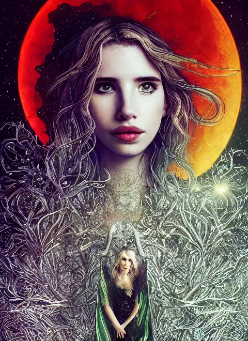 Image similar to glowing silver and golden elements, full close-up portrait, Emma Roberts as a dark witch in front of the full big moon, book cover, green forest, red white black colors, establishing shot, extremly high detail, foto realistic, cinematic lighting, pen and ink, intricate line drawings, by Yoshitaka Amano, Ruan Jia, Kentaro Miura, Artgerm, post processed, concept art, artstation, matte painting, style by eddie, raphael lacoste, alex ross