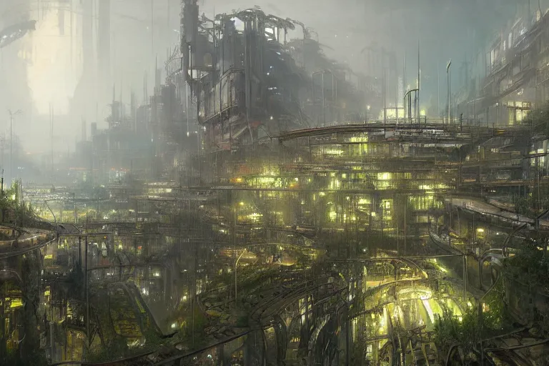 Image similar to an underground industrial city, in the middle is a green oasis, hyperdetailed, artstation, by Greg Rutkowski