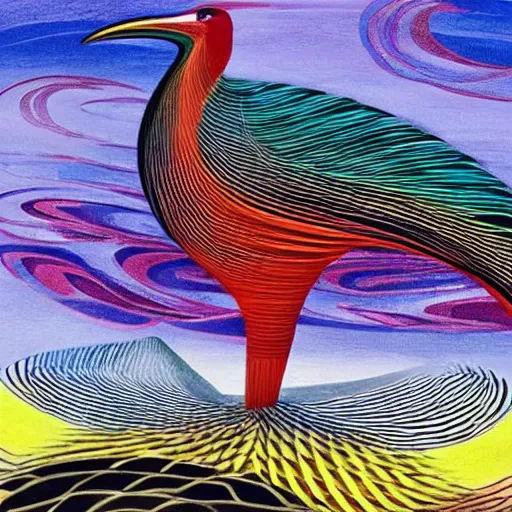 Prompt: A beautiful land art of a large, colorful bird with a long, sweeping tail. The bird is surrounded by swirling lines and geometric shapes in a variety of colors by Patrick Woodroffe, by Malcolm Liepke dynamic, artificial