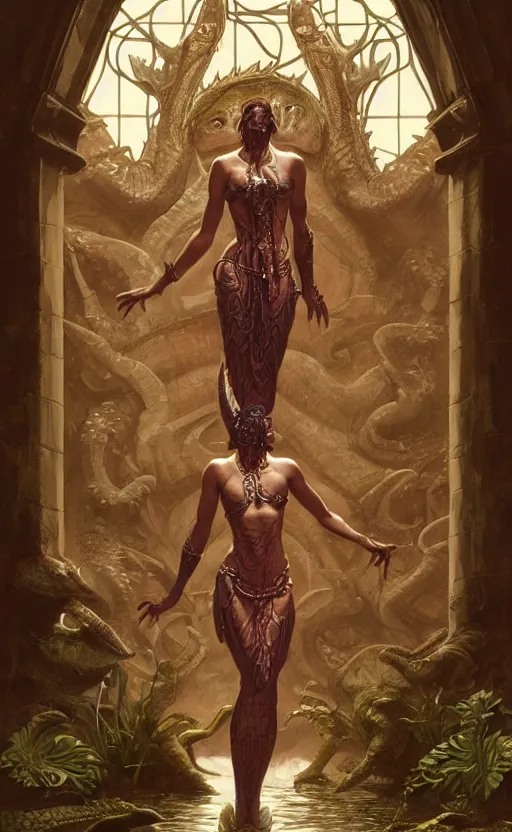 Image similar to half crocodile godess in temple portal, reptilian skin, d & d, fantasy, full body portrait, elegant, highly detailed, digital painting, artstation, concept art, matte, sharp focus, illustration, art by artgerm and greg rutkowski and alphonse mucha