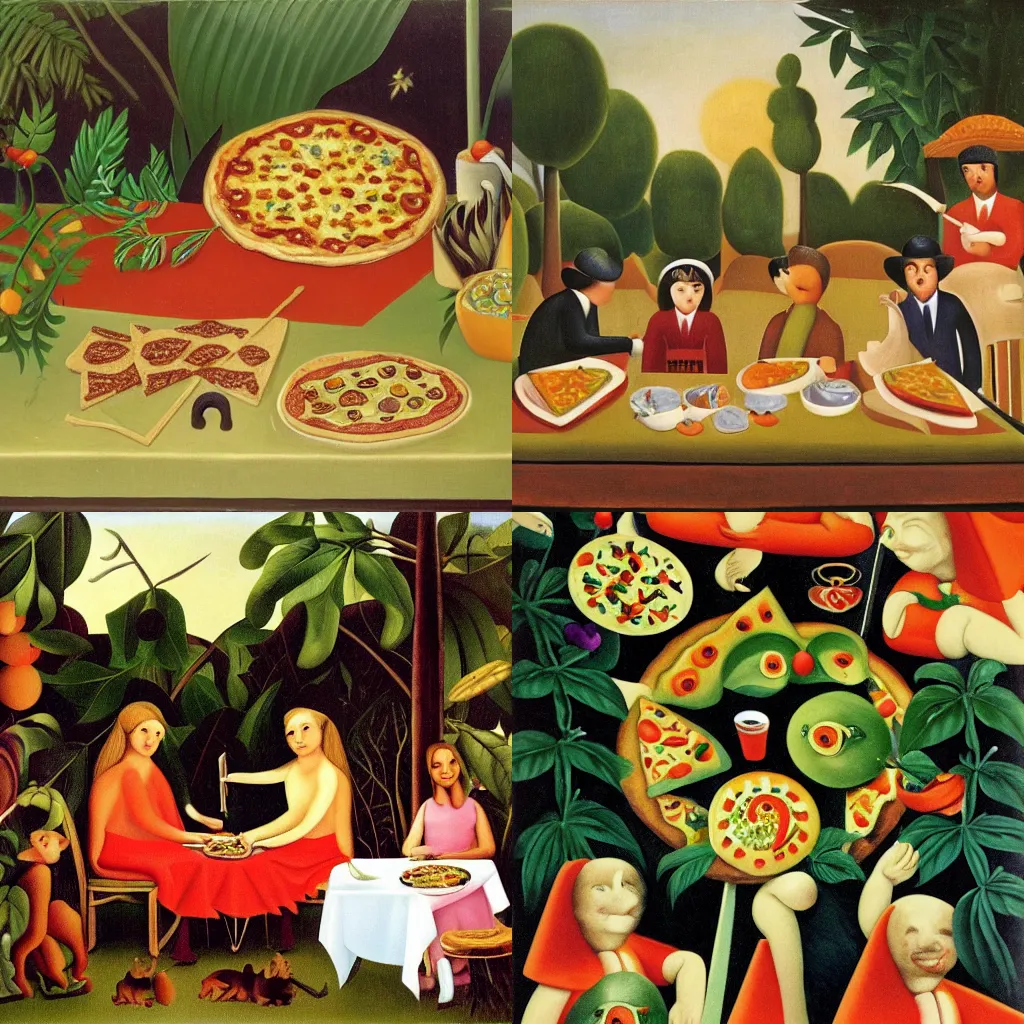 Prompt: Pizza Party by Henri Rousseau