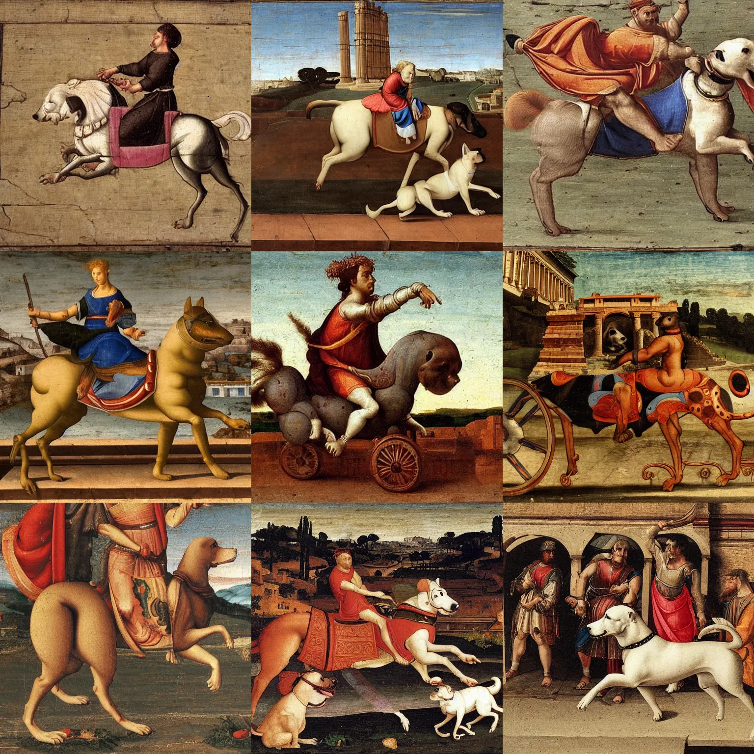 Prompt: a dog riding a Honda civic in ancient Rome, renaissance art