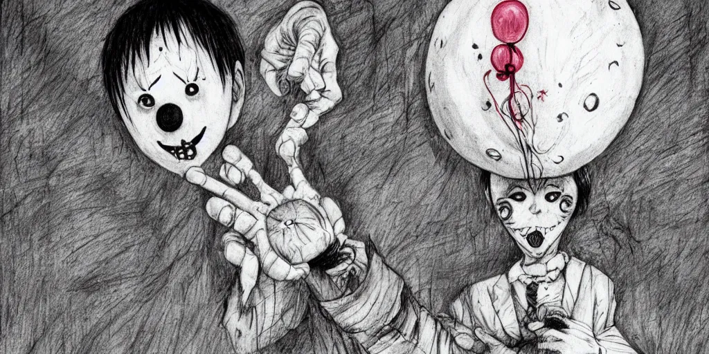 Image similar to A clown holding a balloon , horror, creepy, dark, manga,, pencil, inspired by junji ito, superior quality, masterpiece