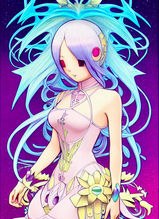 Image similar to pokemon highly detailed artgerm terada katsuya artstation manga poster of girl mechine, hajime sorayama, rainbow gradient bloom, long hair, armor, dress, laces, ruffles, 8 k, maximalist, alphonse mucha