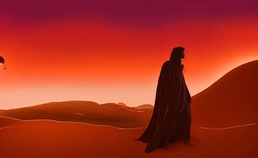 Image similar to Paul Atreides on a sand dune, desert landscape, simple robe, blowing in the wind, artstation, sun setting, orange and red sky, Paul silhouetted against the horizon, detailed, futuristic, intricate, detailed, photorealistic imagery, artstation