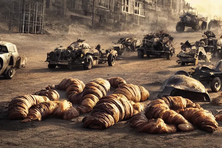 Image similar to croissant graveyard, in a dark and gritty version from the makers of mad max fury road