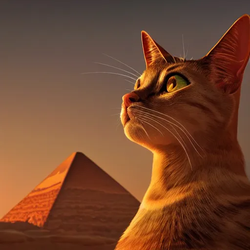 Image similar to egyptian cat, golden hour, fantasy, sharp focus, digital art, hyper realistic, 4 k, unreal engine, highly detailed, hd, dramatic lighting by brom, trending on artstation