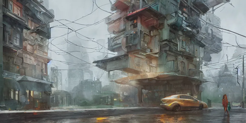 Prompt: stylized, exterior, architecture, in watercolor gouache detailed paintings, raytracing, arcane, insanely detail, artstation, stormy rainy misty, 8 k, futuristic, big medium small, simon stalenhag, props, furniture and decor, octane render, cinematic, screenshot, james gurney, ruan jia, comic style