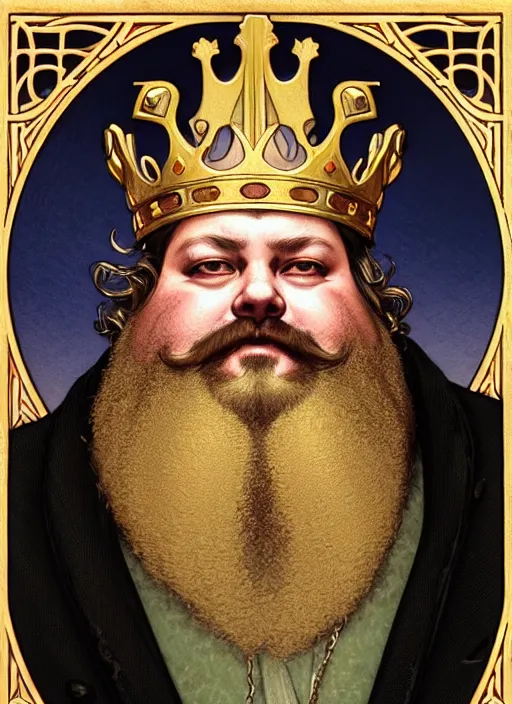 Image similar to close up portrait of the burger king, heavyset middle aged king with big bushy beard, ornate noble robs with jeweled crown by artgerm, cushart krenz, greg rutkowski, mucha. art nouveau. gloomhaven, golden arches logo, pale colors, sharp edges. ultra clear detailed. 8 k. elegant, intricate, octane render