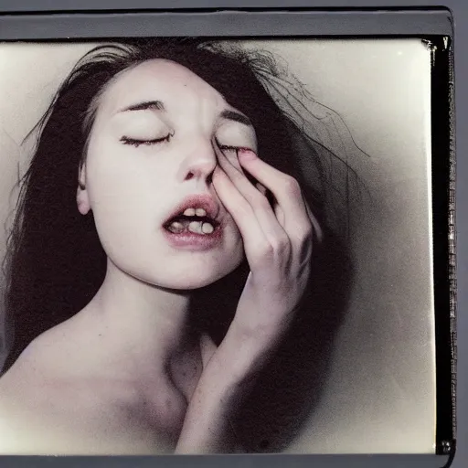 Prompt: a liquid porcelain portrait of a girl face melt down, realistic detailed photography polaroid