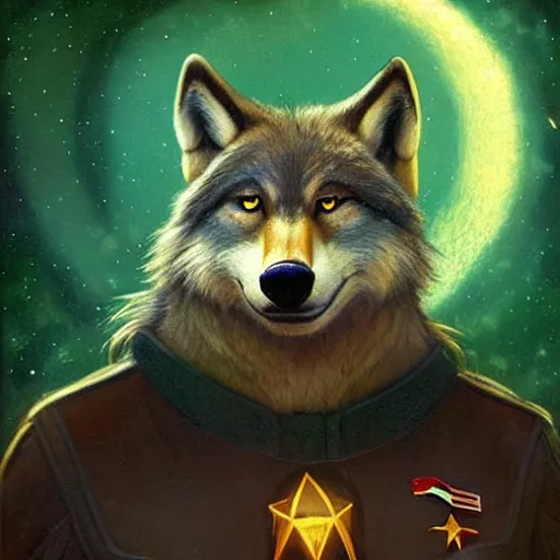 Image similar to a portrait of a male wolf bear in starfleet uniform at night in a dark forest. zootopia fursona furaffinity furry art detailed face painting by gaston bussiere craig mullins jc leyendecker gustav klimt artgerm greg rutkowski furry