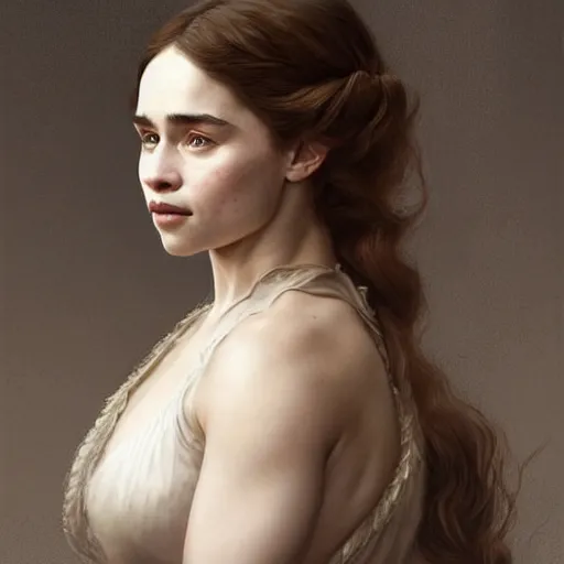 Prompt: beautiful striking Pre-Raphaelite Emilia Clarke by Artgerm and Greg Rutkowski, pale, intricate, elegant, highly detailed, digital painting