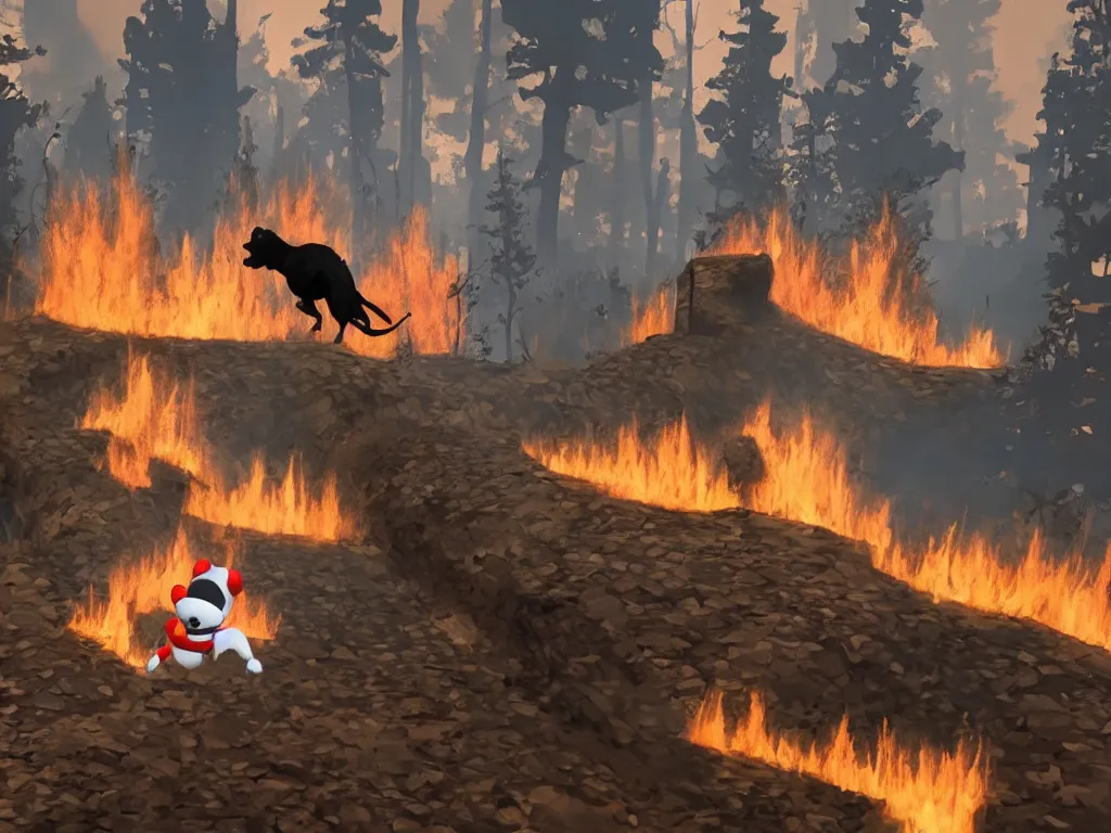 Image similar to a dog escaping a wildfire featured in a platformer video game, style of Inside game, sumerville game, limbo game