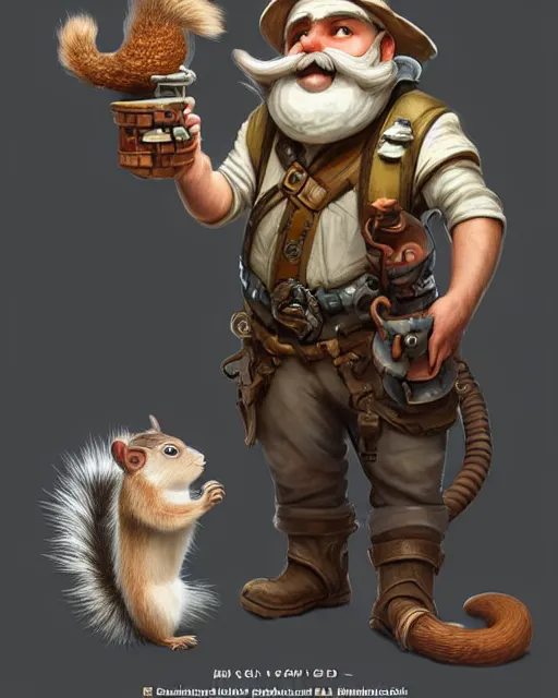 Image similar to A little engineer gnome with a bushy moustache, his tired and grubby with oil stains, standing next to a little mechanical squirrel , deep focus, D&D, fantasy, intricate, elegant, highly detailed, digital painting, artstation, concept art, matte, sharp focus, illustration, hearthstone, art by Artgerm and Greg Rutkowski and Alphonse Mucha