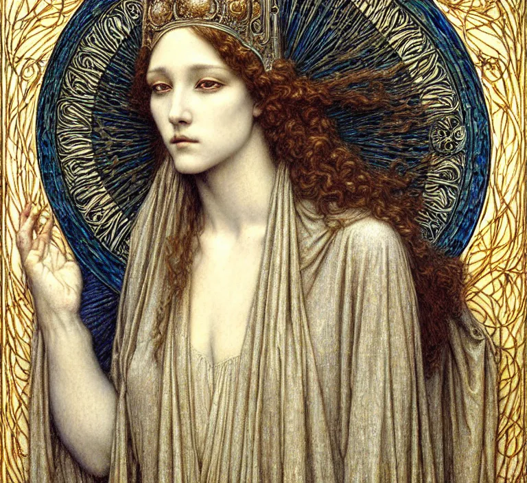 Image similar to detailed realistic beautiful young medieval queen face portrait by jean delville, gustave dore and marco mazzoni, art nouveau, symbolist, visionary, gothic, pre - raphaelite. horizontal symmetry