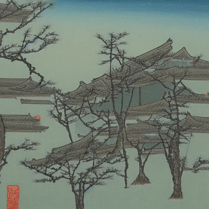 Image similar to a building in a serene landscape, traditional japanese painting