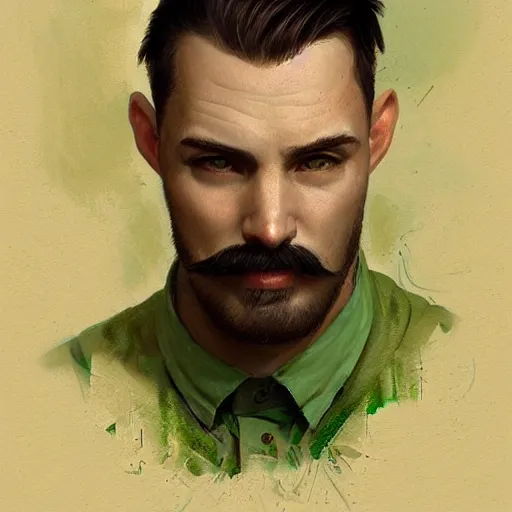 Prompt: portrait of a man with green eyes,brown undercut hair,thin moustache,digital art,realistic,detailed,art by greg rutkowski