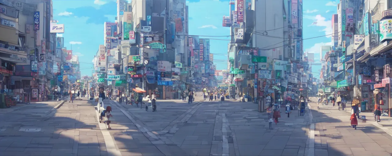 Image similar to A screenshot of the seoul city street in the scene in the Ghibli anime film Kimi no na wa, pretty rim highlights and specular