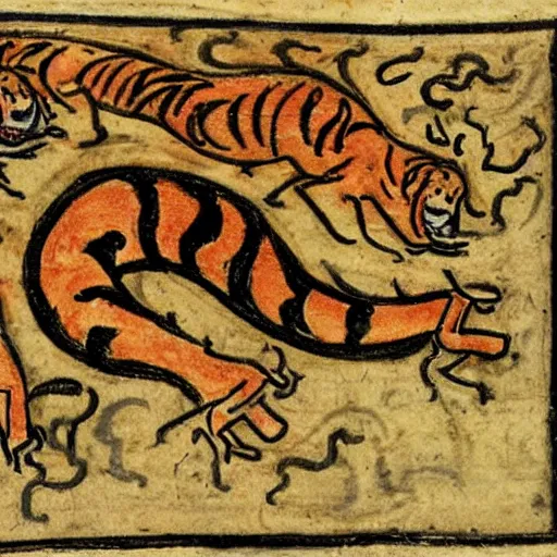 Prompt: bad drawn tiger of fire with many legs flying in a medieval manuscript, medieval manuscript, golden miniatures