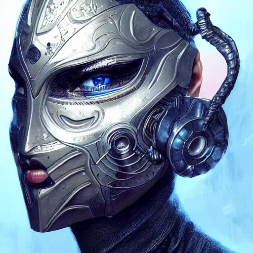 Image similar to Very very very very highly detailed epic photo of face with venetian mask, intricate, dystopian, sci-fi, extremely detailed, digital painting, artstation, concept art, smooth, sharp focus, illustration, intimidating lighting, incredible art by Artgerm and Vincent di Fate